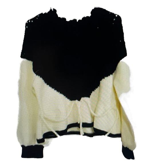 Pointelle Knit Patchwork Tie Front Sweater Commense Black and White Size XS or 2 - Picture 5 of 7